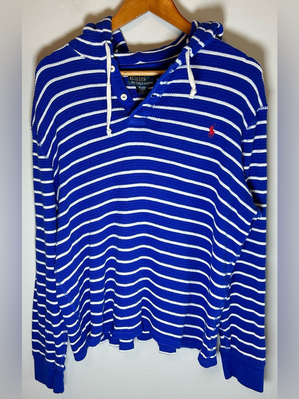 Vintage Polo Ralph Lauren Waffle Knit Henley Hoodie Sweater Blue Stripes Size XL